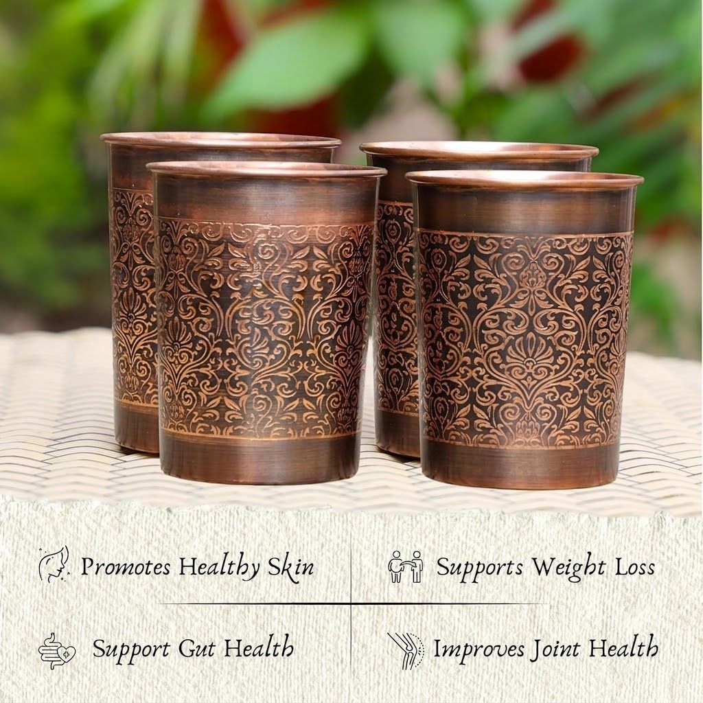 Pure Copper Water Dispenser 5 Litre | Pure Copper Handcrafted Glasses Set with Gift Box Set of 4 Antique Etching Design - 250ml