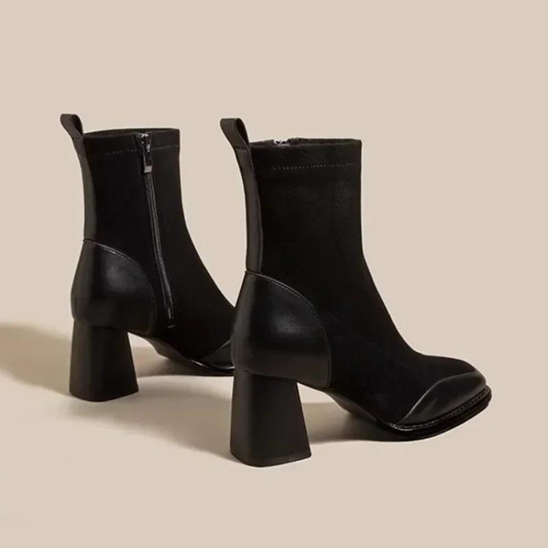 Fashion Women's Boots Square Toe Solid Shoes for Women Trend Outdoor Short Tube Boots Square Heel Zippered High Heels Zapatos De Mujer