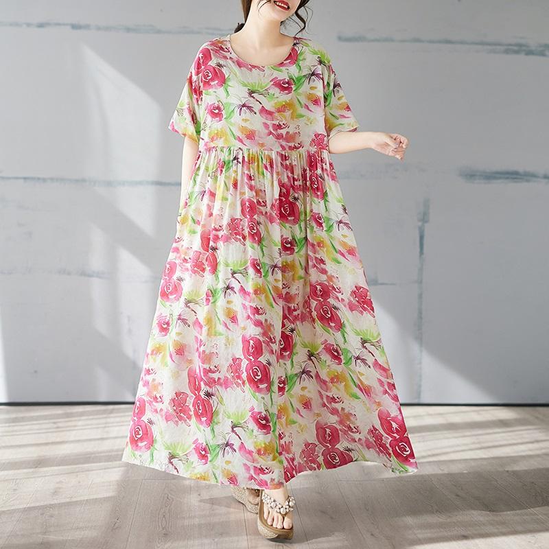 

Новое хлопковое винтажное платье с цветочным принтом больших размеров с коротким рукавом для женщин, повседневное свободное длинное летнее платье