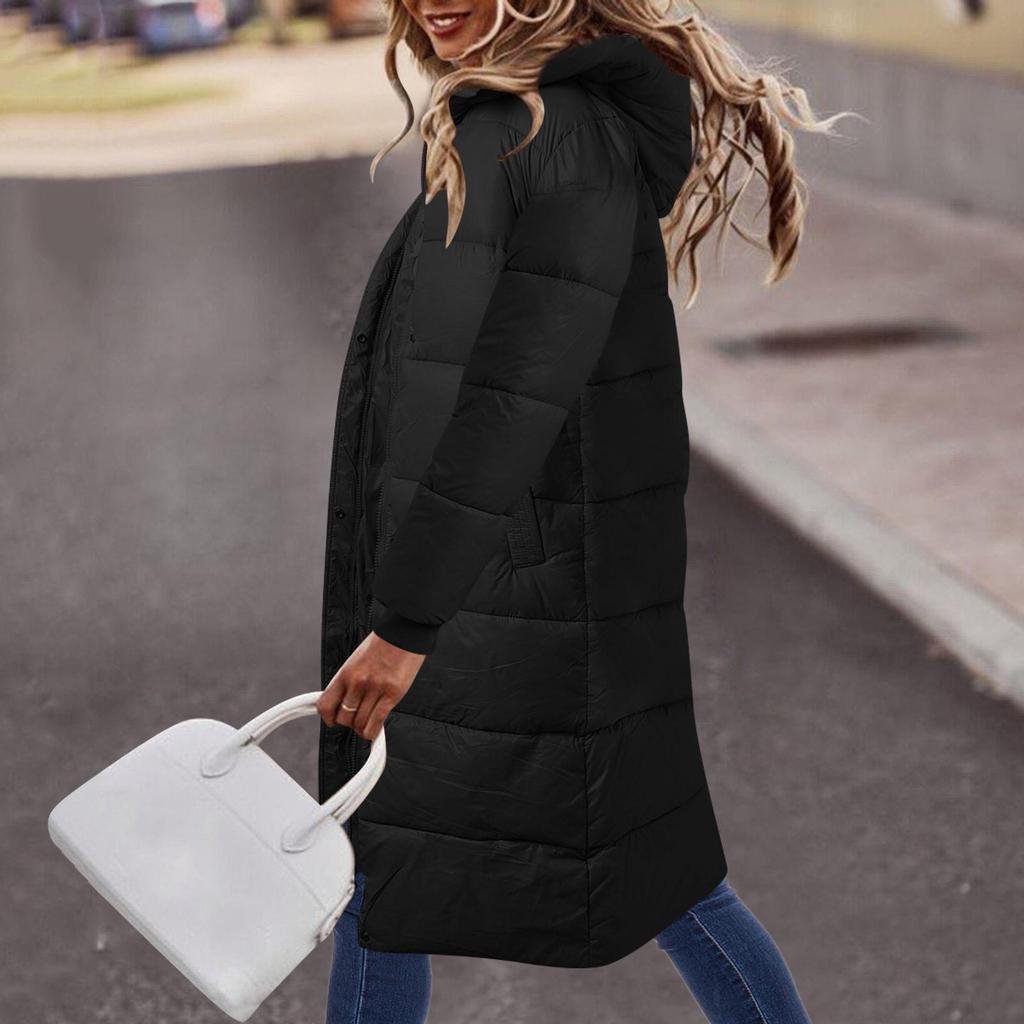 Winterjacke für Damen, lang, mit Baumwolle gefüttert, warm, schwarz, langärmelig, Reißverschlüsse, lockere Damenjacke, neue trendige Freizeitkleidung für Damen