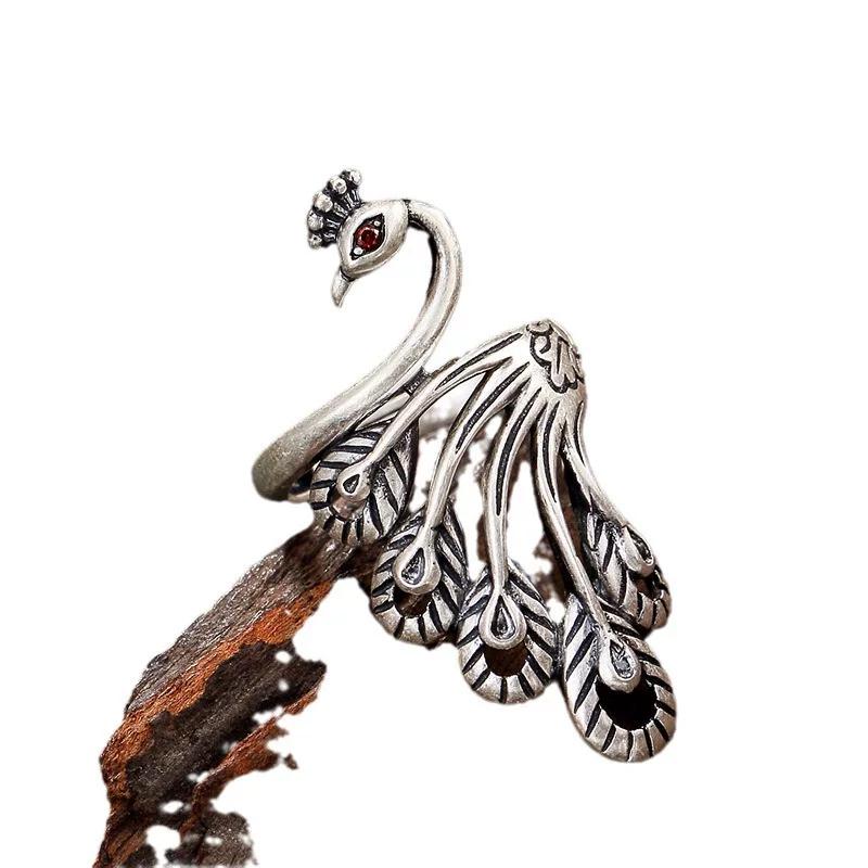New Peacock Ring Women's Long Ring Ethnic Style Retro Matte Personality Opening Adjustable Ring