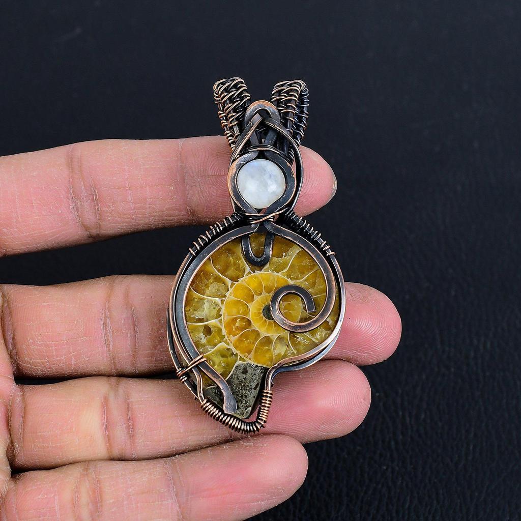 Ammonite Fossil 999 Copper Wire Wrapped Pendant, Handmade Gemstone Jewelry Pendant For Memorial Day