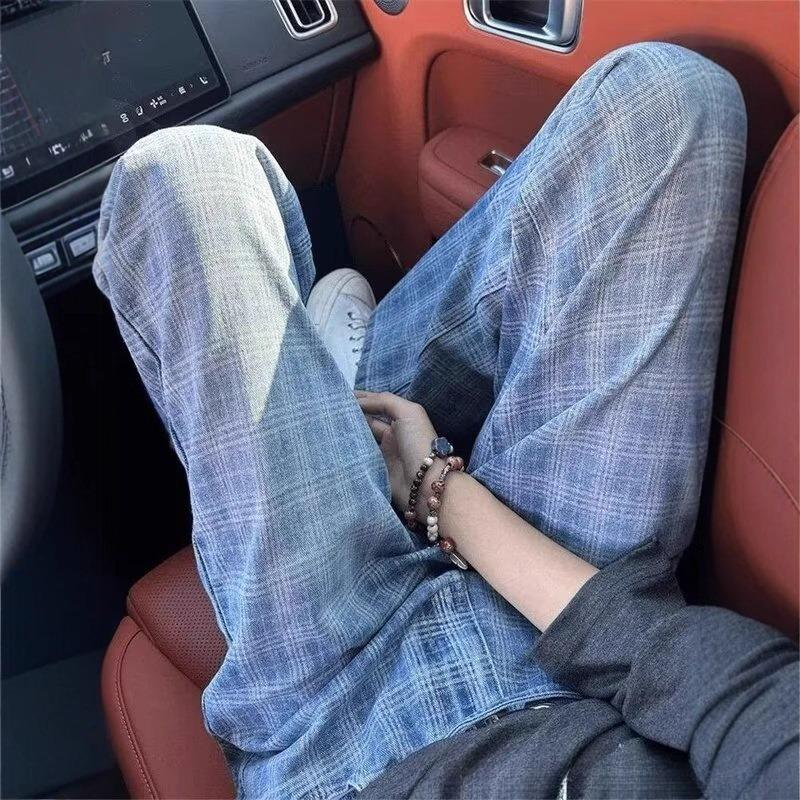 Ladies Washed Plaid Blue Jeans American Retro Loose Women's Wide Leg Pants Autumn Versatile Female High Waisted Pant