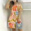 Women Plus Size Off Shoulder Short Sleeve Printed Tie Cuff A Line Dress