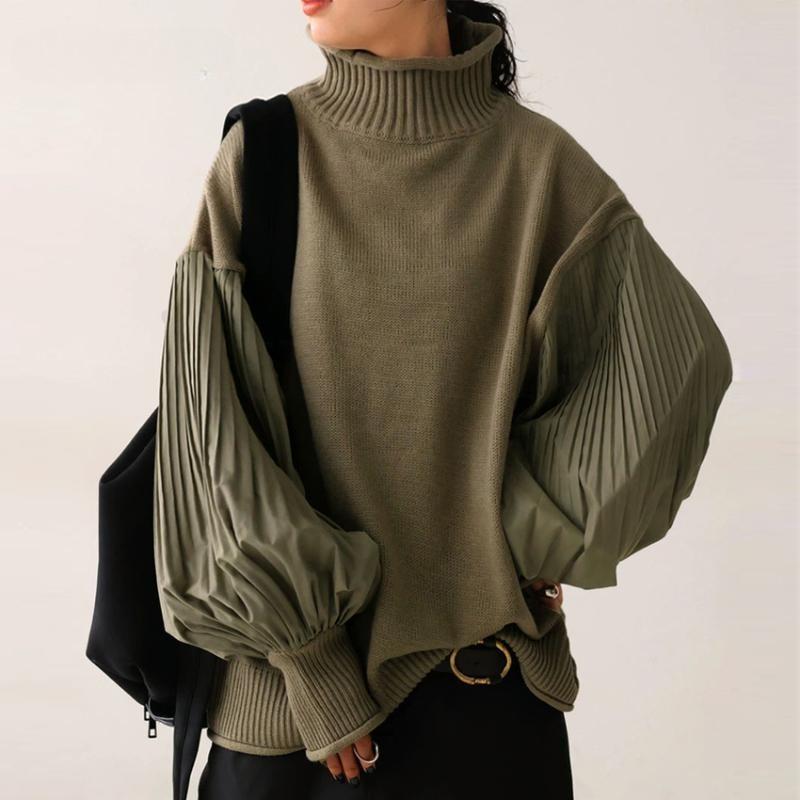 Korean Fashion Autumn Winter Women Stylish Sweater Turtleneck Black Khaki Patchwork Casual Loose Pullover Lantern Sleeve Ladies' Sweater