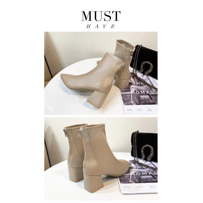 Women's Boots, Winter Square Head Back Zip Short Boots, Women's Chunky Heel Middle Heel Boots Women