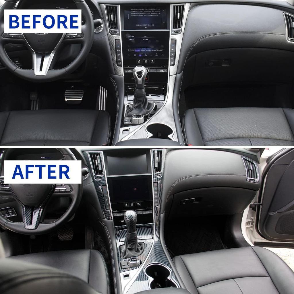 Carbon Fiber Center Console Dashboard Air Vent Gear Cup Holder Panel Cover Trim for Infiniti Q50 Q60 2014-2024