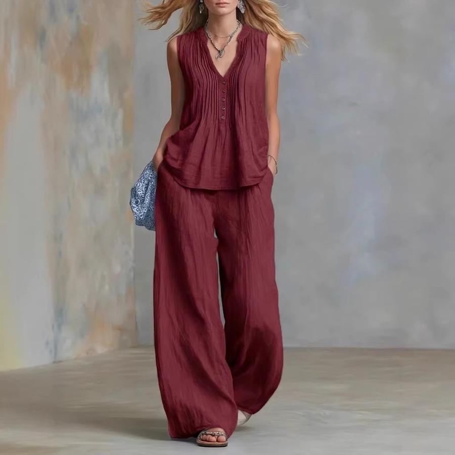 Women's Summer Casual Fashion Elegant Solid Color Sleeveless V-Neck Set