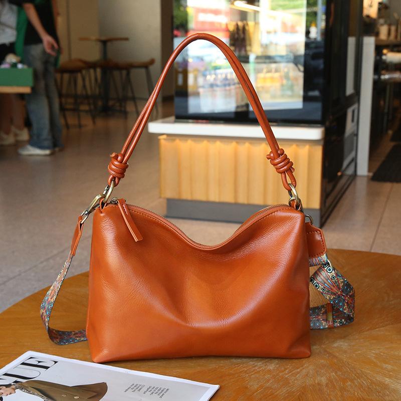 Genuine leather women's bag Korean version versatile first layer cowhide women's underarm wide shoulder strap single shoulder soft leather bucket bag