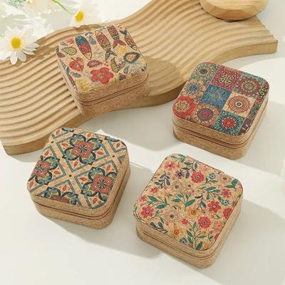 Vintage Kork Schmuck Organizer Box Böhmen Tragbare Ohrringe Aufbewahrungsbox Blumen Retro Halskette Aufbewahrungskoffer Display Reise