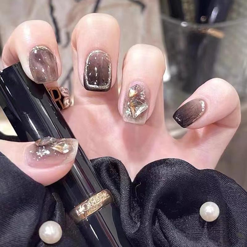 Advanced Ombre Gold Foil Diamond Nails: Celebrity-Style Short Wearable Manicure Patches