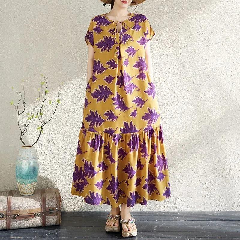 Dress for Woman Cotton Summer Plus Size Loose Floral Vintage Casual Printed Soft Long Holiday Dresses