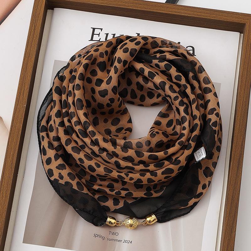 Women Korean Style Leopard Print Magnetic Buckle Scarf Thin Triangle Neck Kerchief Versatile Decorative Neck Scarf for Spring Autumn