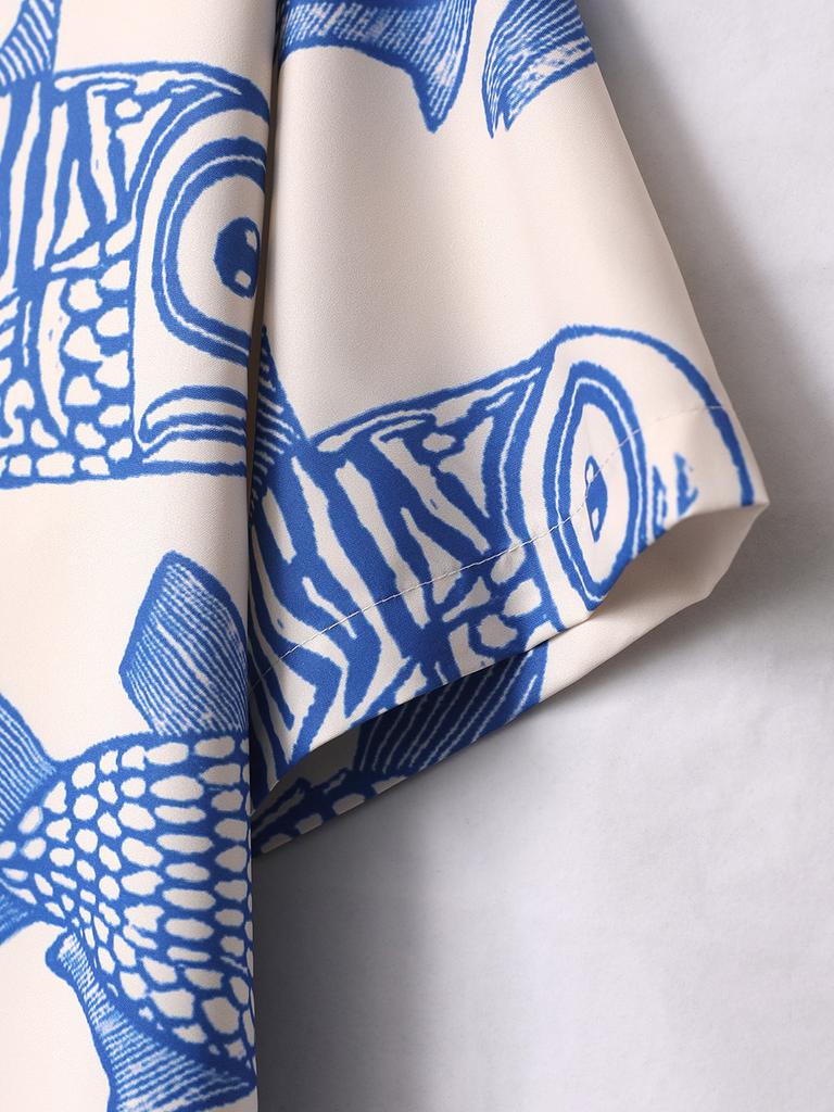 Übergroßes, lockeres Vintage-Kurzarmhemd mit Karpfen-Vollfisch-Print für Herren, lockeres Sommerhemd, trendiges Streetwear-Oberteil für Männer