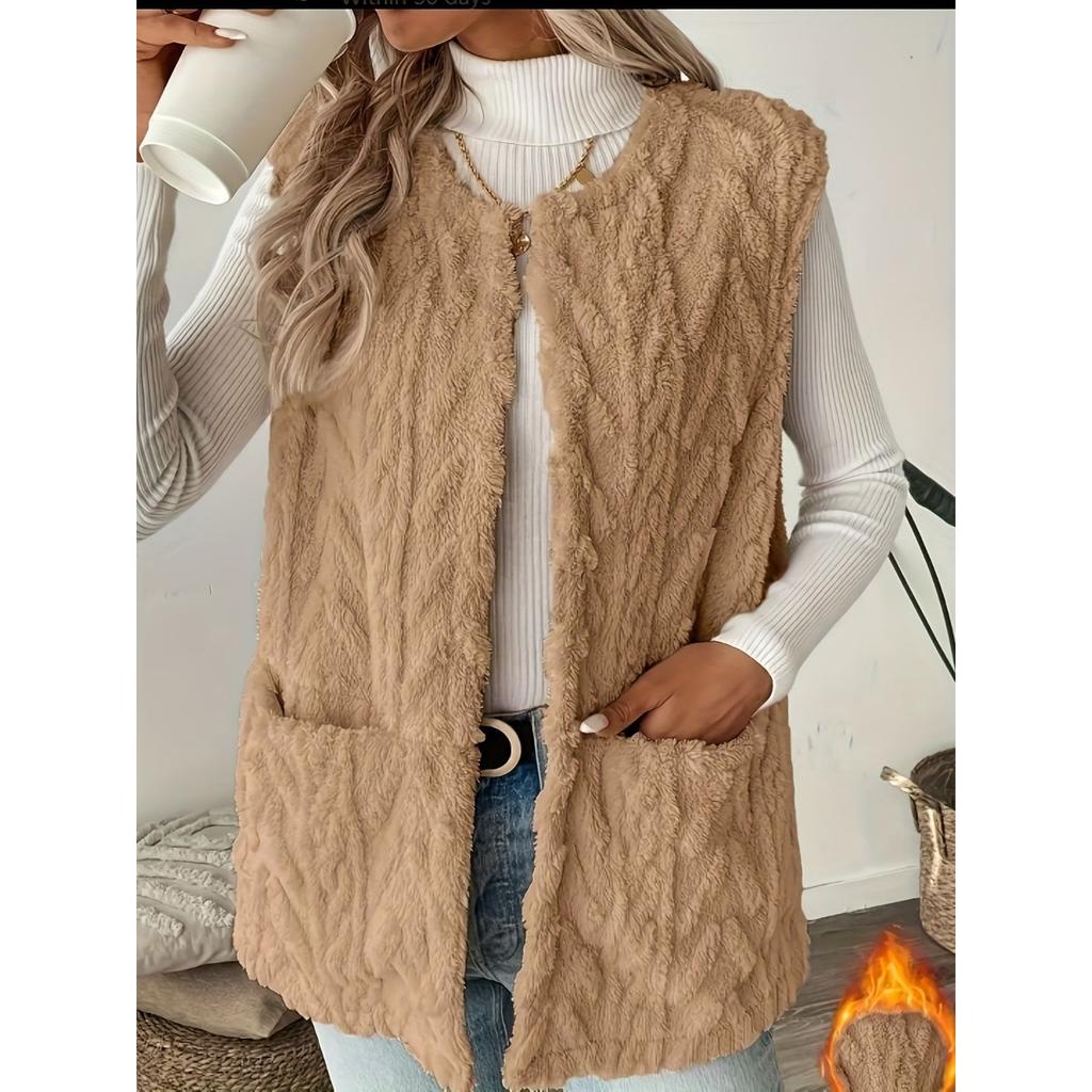 Women's Double-sided Fleece Sleeveless Cardigan Vest With Pockets Casual Loose Open Front Outfit  For European American Hot Sale