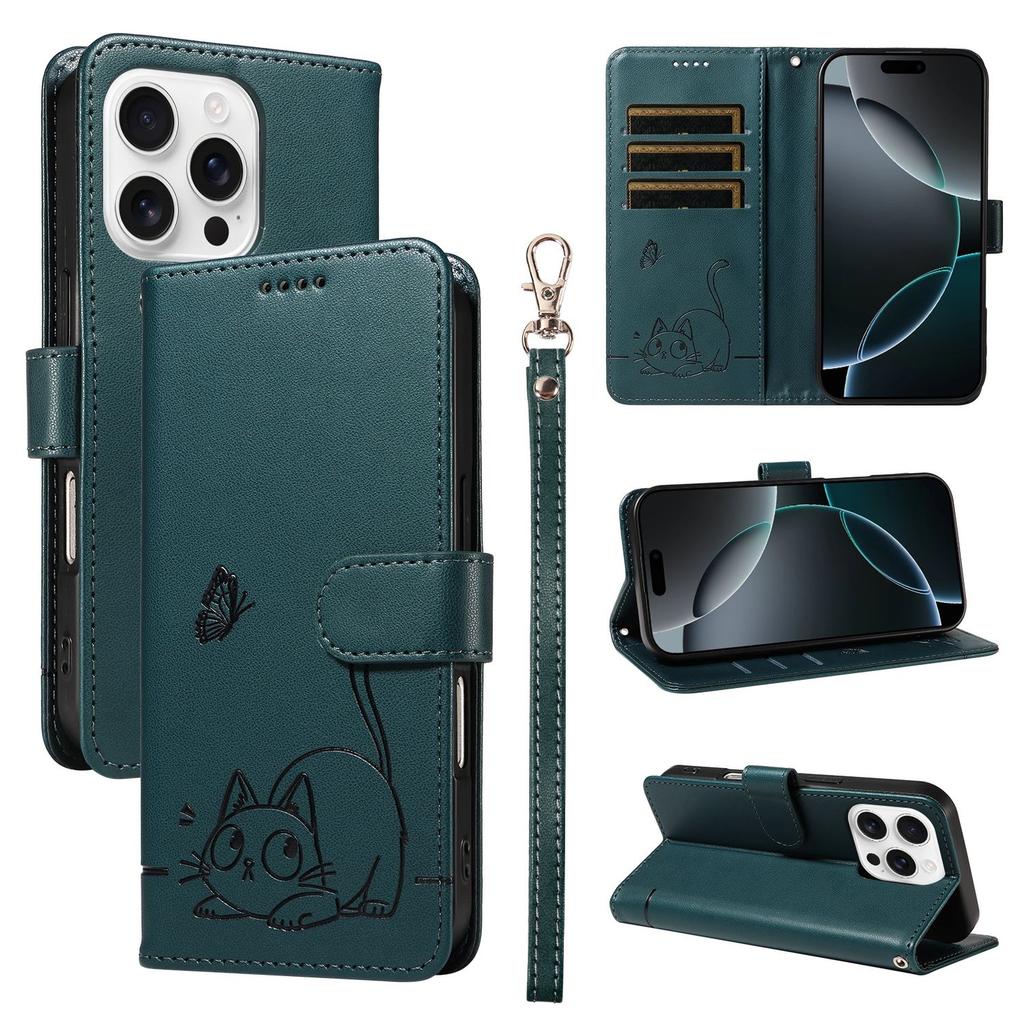 Leather Wallet Flip Case For OPPO A57S A77 A15 A15S A16 A16S A54S A17 A96 4G 5G Cat and Butterfly Embossed,Wrist Strap