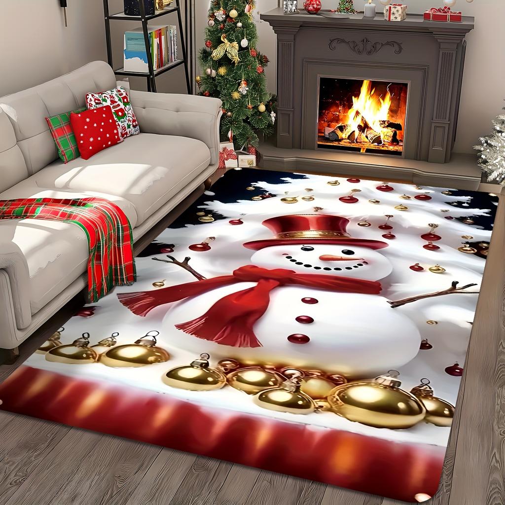 1pc Christmas‑Snowman‑Gift Print Area Rug, Washable Indoor Outdoor Floor Mat for Coffee Table, Bedroom, Entryway, Dining Room