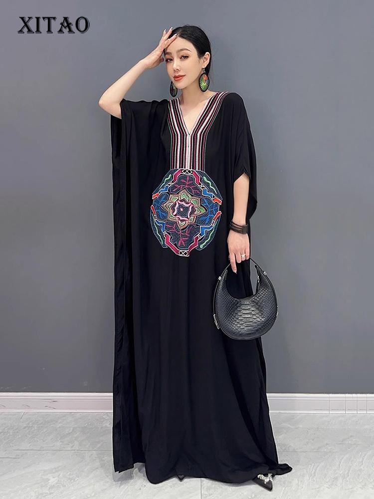 

XITAO Embroidery Batwing Sleeve Dress Loose Casual Women ZY8773
