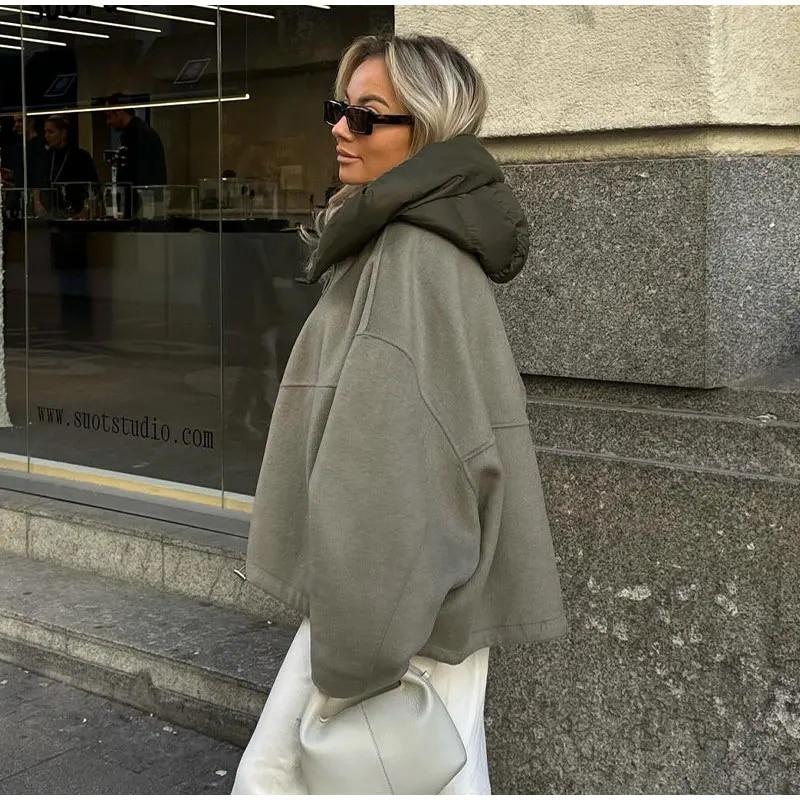 Casual Loose Women Hooded Detachable Cap Crewneck Double-sided Jackets Patchwork Zipper Long Sleeved Warm Coats Autumn Winter Lady Street Outerwear