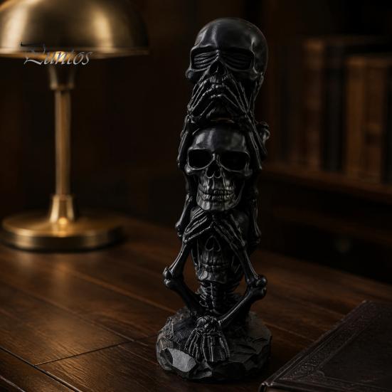 Office Desk Accessories 3D Printed Triple Skull Statue, Halloween Horror Hear No Evil See Modern Interior Ornaments Speak Figurine, Creative Decor for
