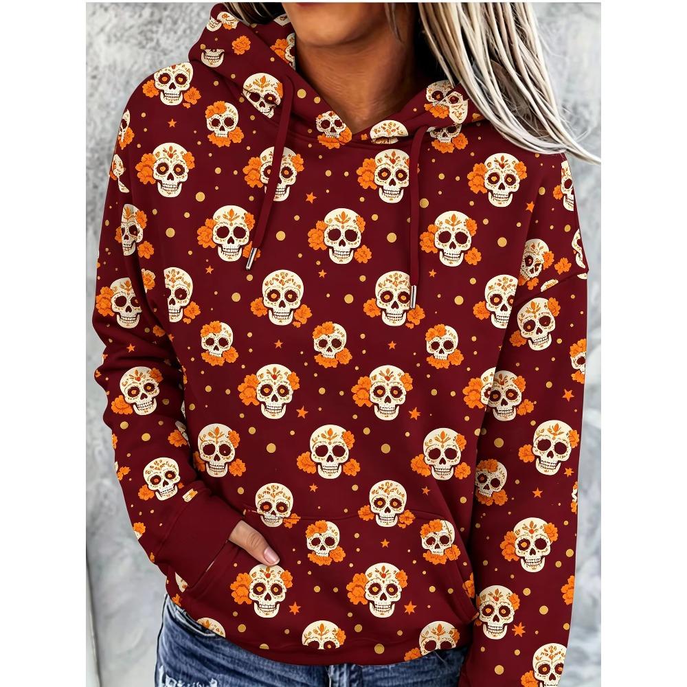 Women Fleece Hoodie Day Of The Dead Sugar Skull Marigold All‑Over Print Long Sleeve Drawstring Pocket Loose Hooded Sweatshirt