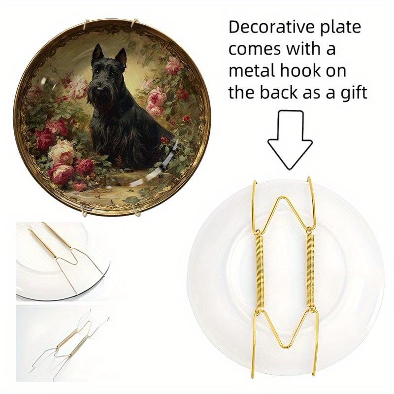 1pc Hand-Painted Scottish Terrier & Rose Garden Ceramic Plate - Round Art Deco Black Dog & Pink Roses Dish, Golden Accent Home