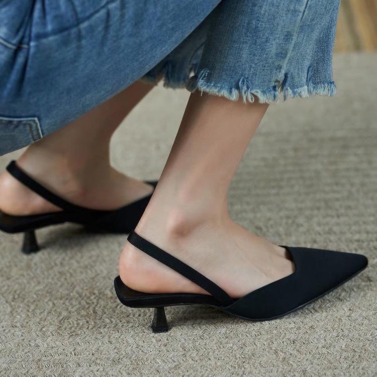 French 2025 summer new women's shoes thin heels fairy wind pointed head mid-rear empty flat bottom word with temperament sandals women