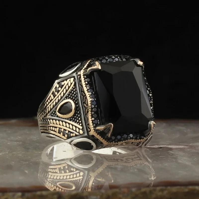 Retro Handmade Turkish Signet Rings For Men Silver Carved Ring Mystic Zircon Inlay Punk Biker Jewelry