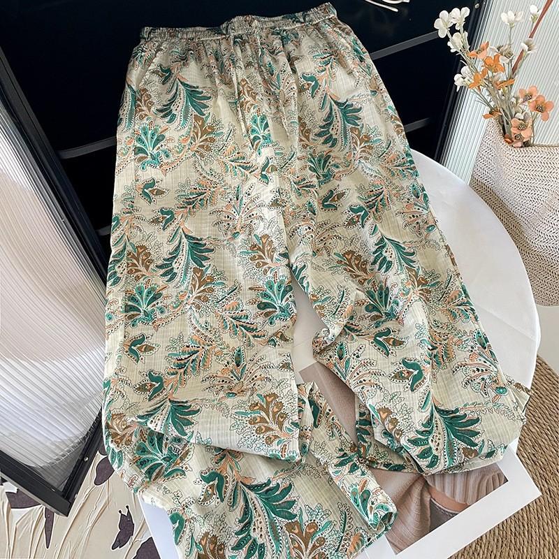 

Зеленые брюки-палаццо с цветочным принтом, женские, лето 2025, новинка, для приморского отдыха, на кулиске, эластичная талия, легкие дышащие брюки M