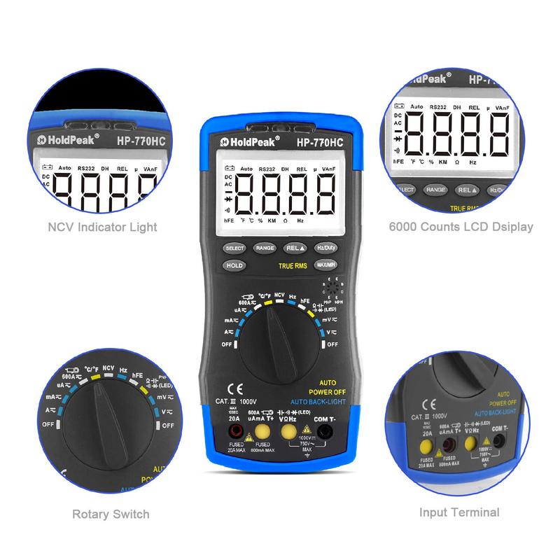 HoldPeak HP-770HC True RMS Multimeter 6000 Counts Auto Range NCV 600A AC DC Current Tester with HP-605A
