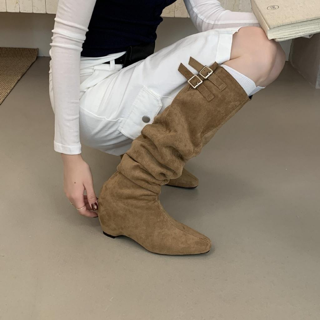 Suede pile boots women's autumn and winter new knee high knight boots inner height increase western cowboy boots