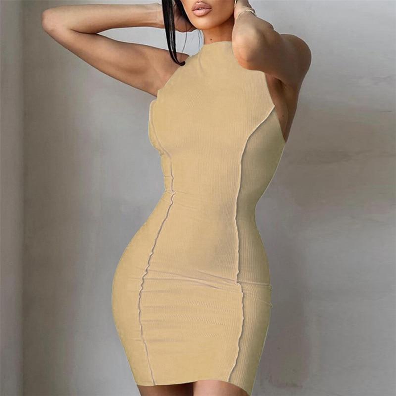 Summer Women Soild Orange Sleeveless Sexy Bodycon Party Club Knitted Mini Dress for Women Female