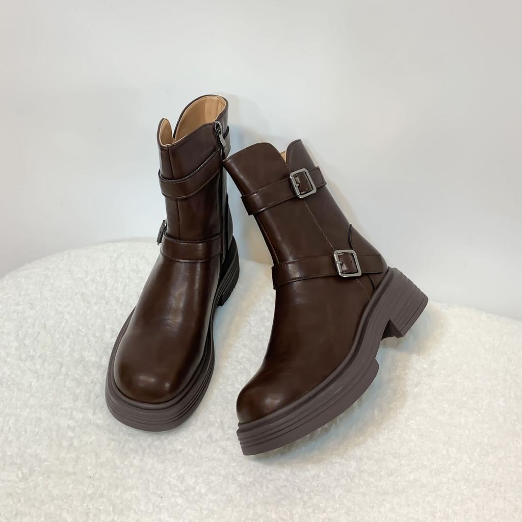 Retro British style platform Martin boots women's 2025 winter new belt buckle knight boots medium tube versatile thin boots