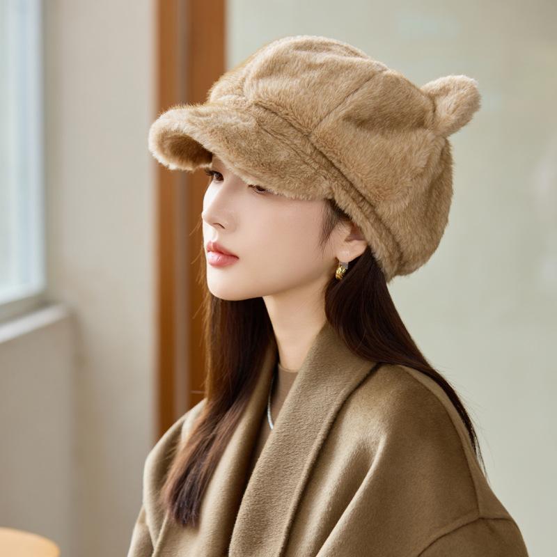 New Imitation Mink Hat Women's Winter Casual Octagonal Hat Thickened Visor Cat Ear Beret