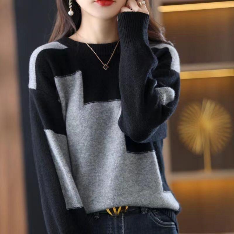 Sweater Women's Round Neck Color Matching Short Warm Soft Waxy Inner and Outer Wear Loose Pullover Knitted Bottoming Shirt