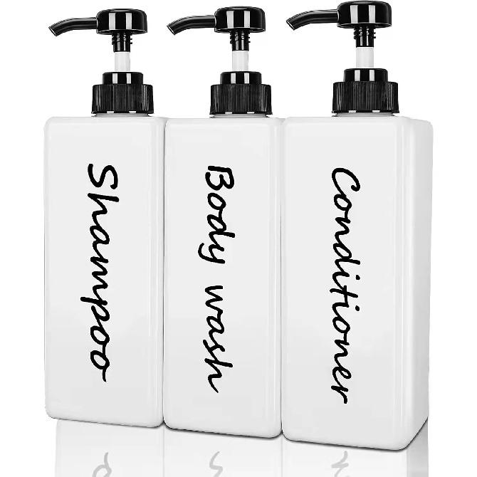 Shampoo and Conditioner Dispenser (Set of 3, 21oz) Modern Refillable Shampoo Pump Bottles for Shower Soap - Empty Body Wash Dispenser Set for
