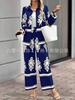 Women Printed Two Piece Outfit Lapel Long Sleeve Shirt & Elastic Waist Wide Leg Pants Casual Matching Set Fall Tracksuit