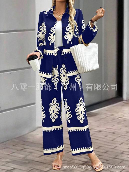 Women Printed Two Piece Outfit Lapel Long Sleeve Shirt & Elastic Waist Wide Leg Pants Casual Matching Set Fall Tracksuit