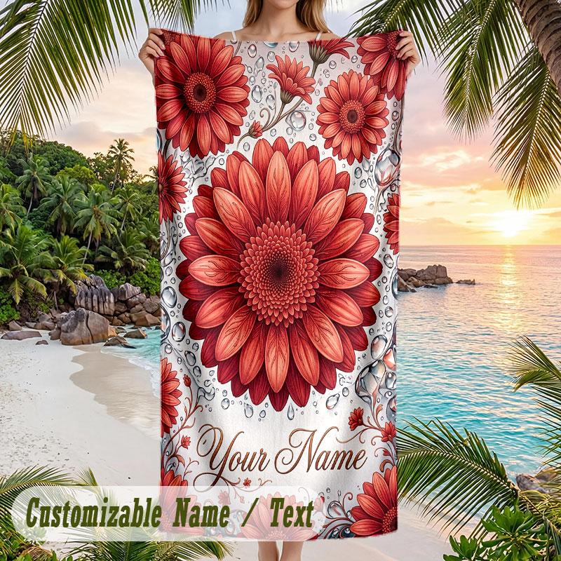 Floral Artwork 30 Theme Quick Dry Beach Towel Custom Name Text Print Large Sand Resistant Towel Beach Vacation