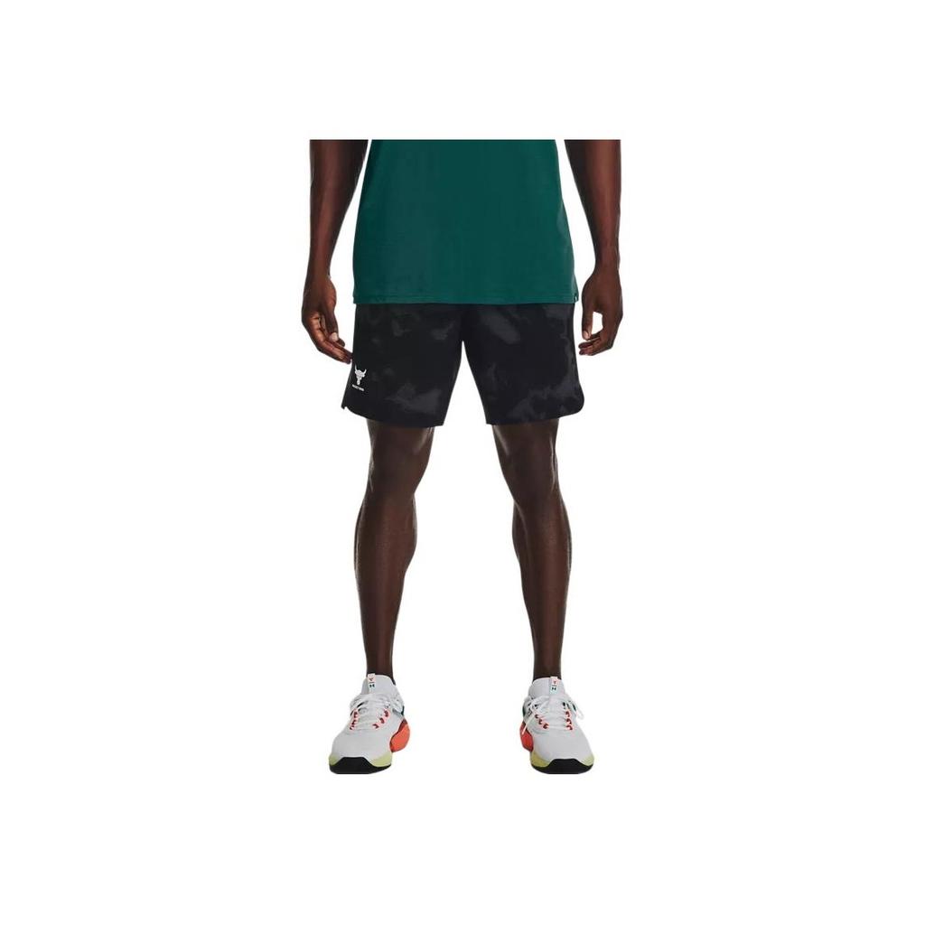 Under Armour Project Rock Johnson Logo Print Straight-Leg Sports Shorts Men Bottoms Black 1377438-001