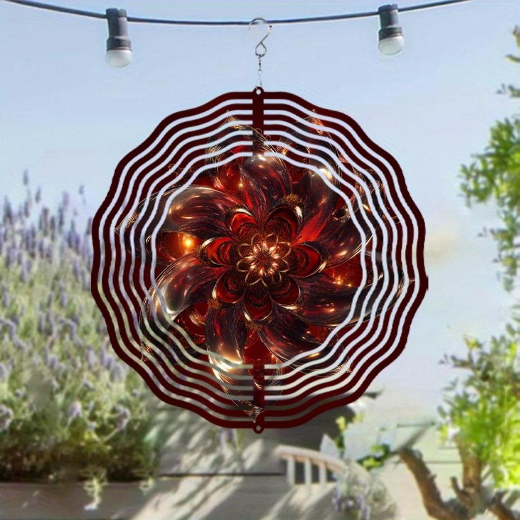 Deep Red Golden Floral Wind Spinner 10 Inch Metal Garden Decor for Outdoor All Seasons 360 Degree Hanging Hook Creative Gift