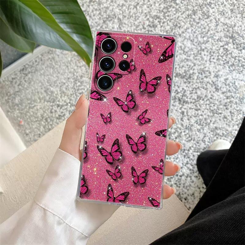 Beauty Pink Butterfly Phone Case S25Ultra For Samsung Galaxy S25 S24 S23 S21 Ultra S20 FE S22 Plus A35 A55 5G Case Clear Cover