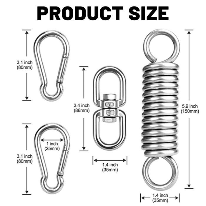 Ressort Oscillant pour Chaise Suspendue Ressort en Acier Inoxydable 304 avec Crochet Pivotant à 360° et 2 Mousquetons Kits (4 Pcs)