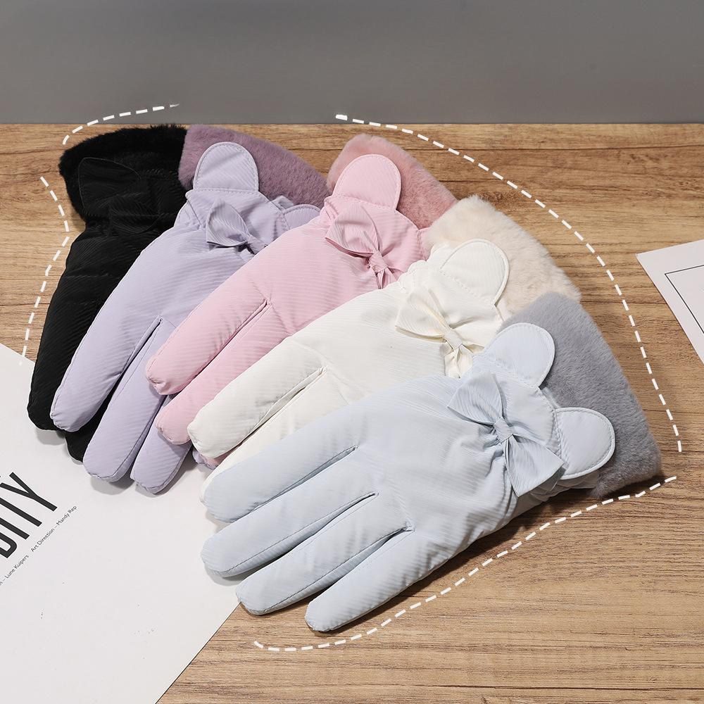 Warm Gloves for Women's Cold and Windproof Cute Bows Outdoor Riding Thickened Velvet Touch Screen Autumn and Winter Gloves