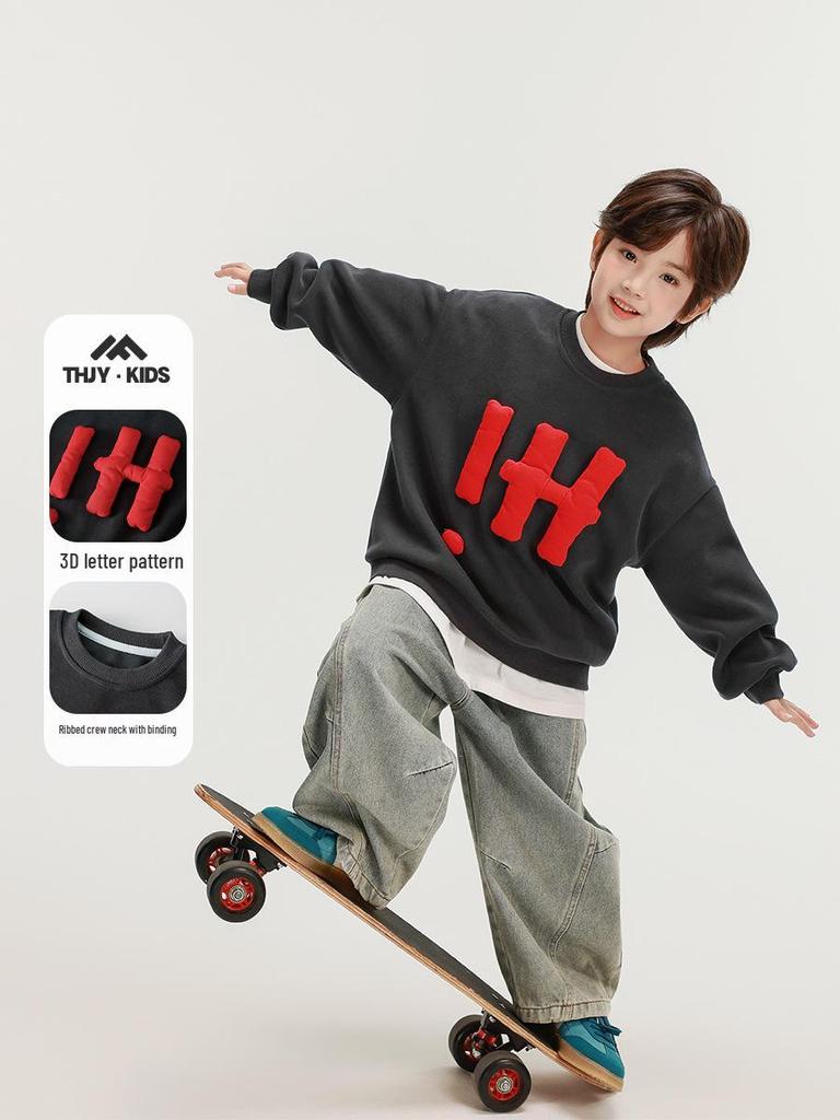 Fairy Tale Memory 2025 Spring/Autumn Kids' Grey Sweatshirt with 3D Letter Applique
