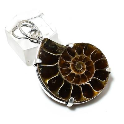 Natürlicher Ammonit Fossil Edelstein Handgefertigter 925 Sterling Silber Anhänger 1,85" n2c10