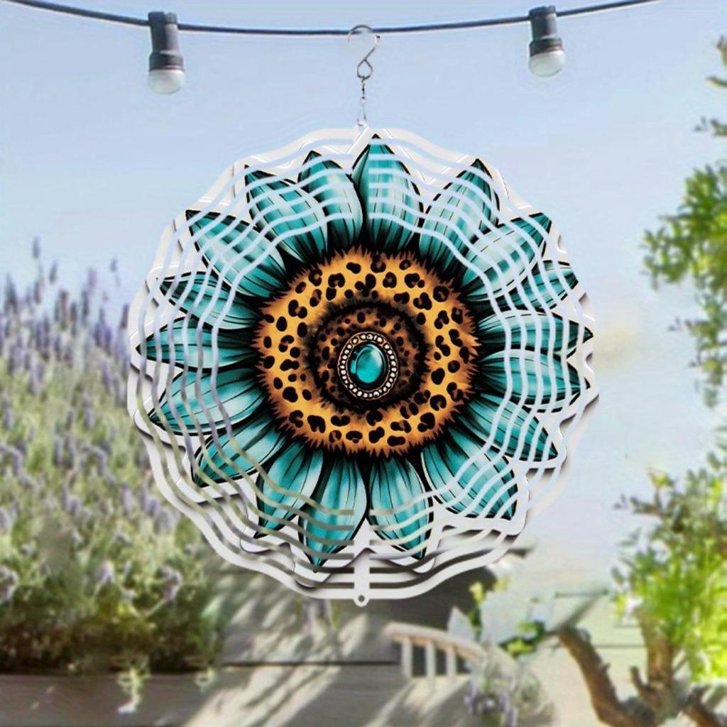 Sunflower Gemstone 2D Metal Wind Spinner Blue Green Golden Stained Glass Hanging Ornament for Garden Home Indoor Outdoor Holiday Gift