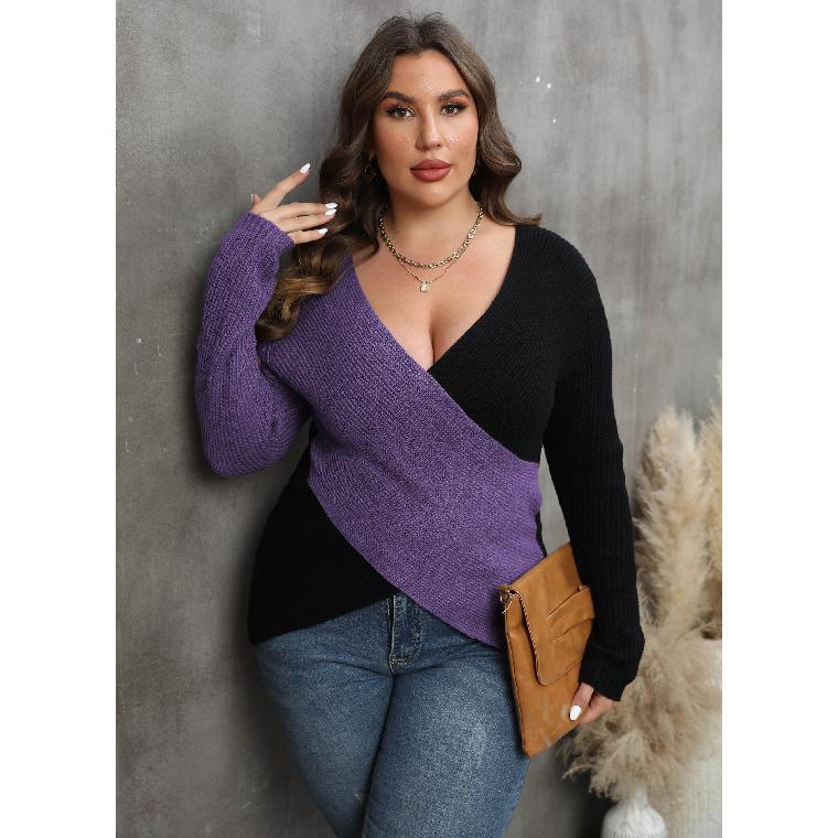 

Женский топ большого размера, цветной блок, глубокий V-образный вырез, перекрещенный, сексуальный свитер 1XL фиолетовый