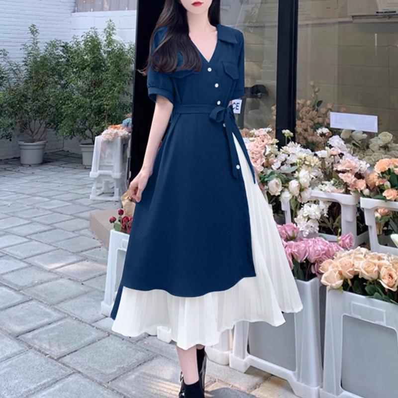 ZANZEA Women Summer Turn Down Collar Casual Patchwork Short Sleeve Dress