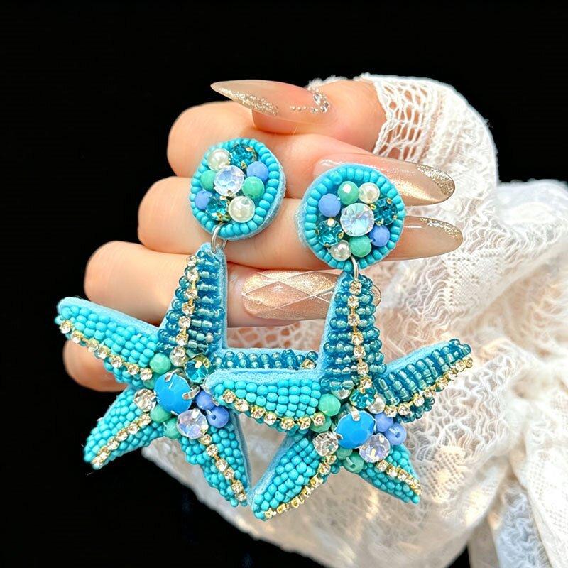 Bohemian Blue Starfish Earrings Women's New Light Luxury Fashion Unique Exaggerated Vacation Style Stud Earrings Accessories